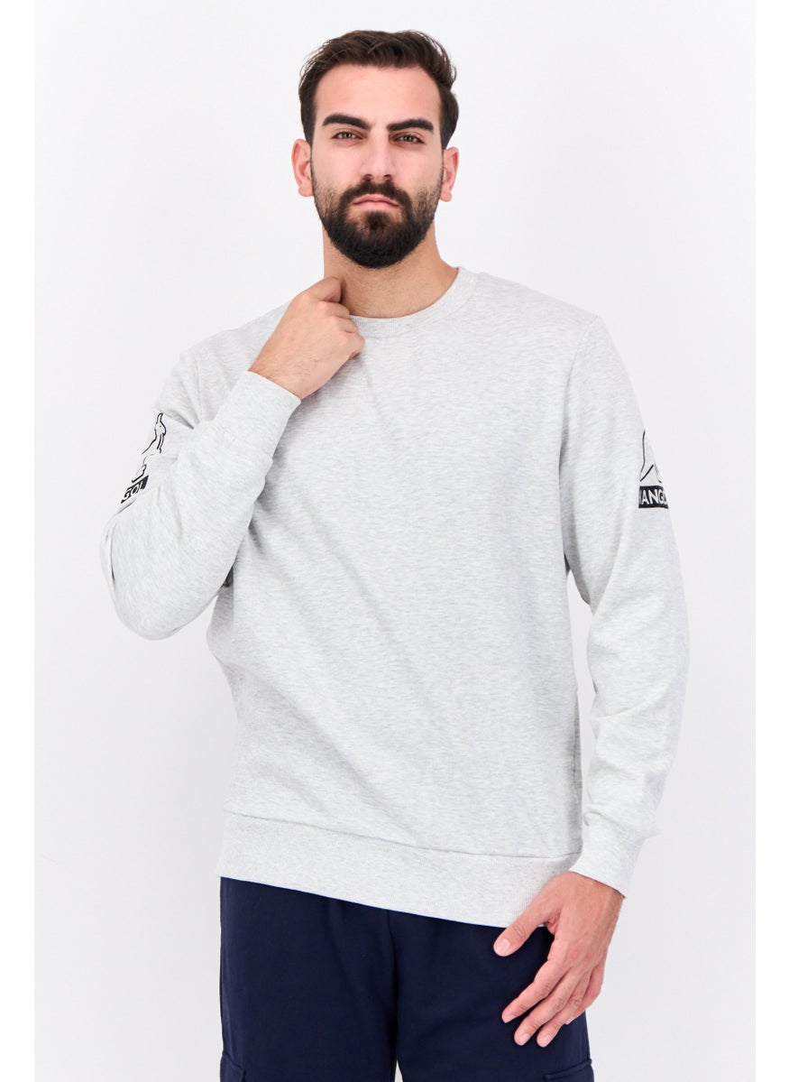 Men Ribbed Neck Graphic Long Sleeves Sweatshirt, Grey