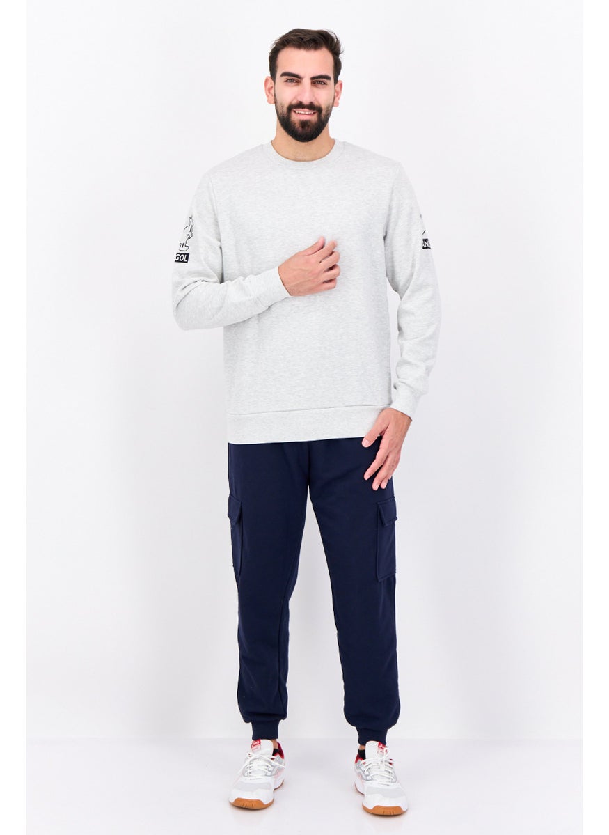 Men Ribbed Neck Graphic Long Sleeves Sweatshirt, Grey