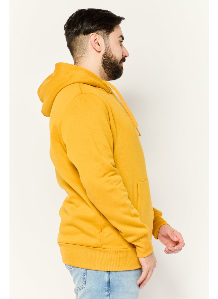 Men Hooded Embroidered Logo Long Sleeves Hoodie, Mustard