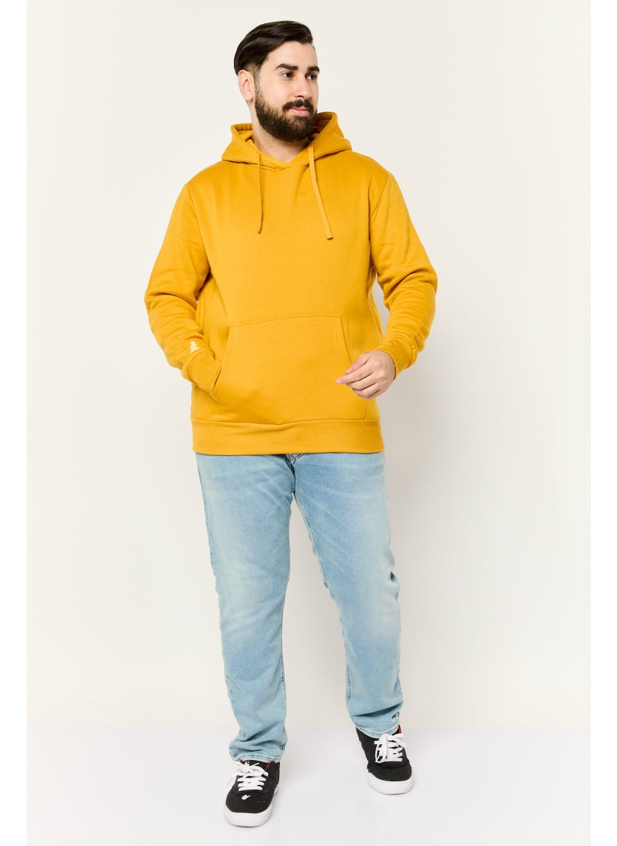 Men Hooded Embroidered Logo Long Sleeves Hoodie, Mustard