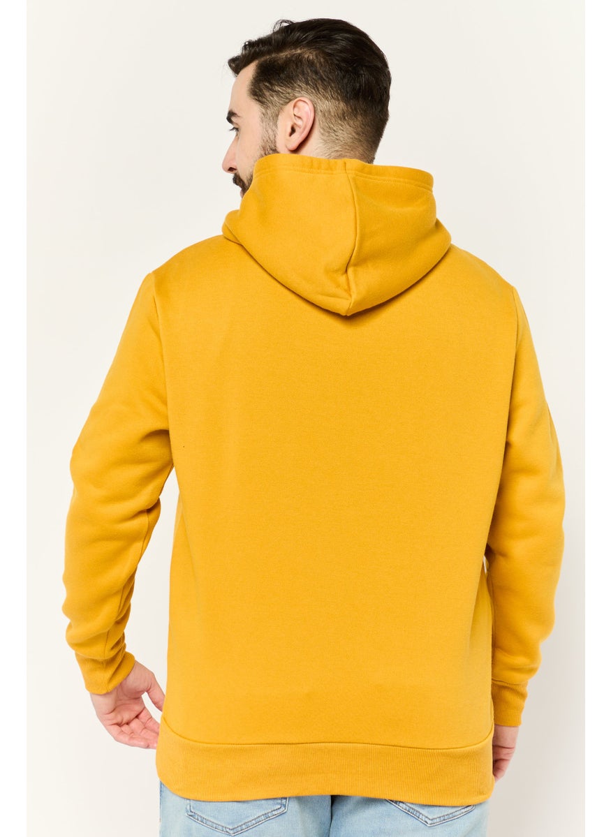 Men Hooded Embroidered Logo Long Sleeves Hoodie, Mustard