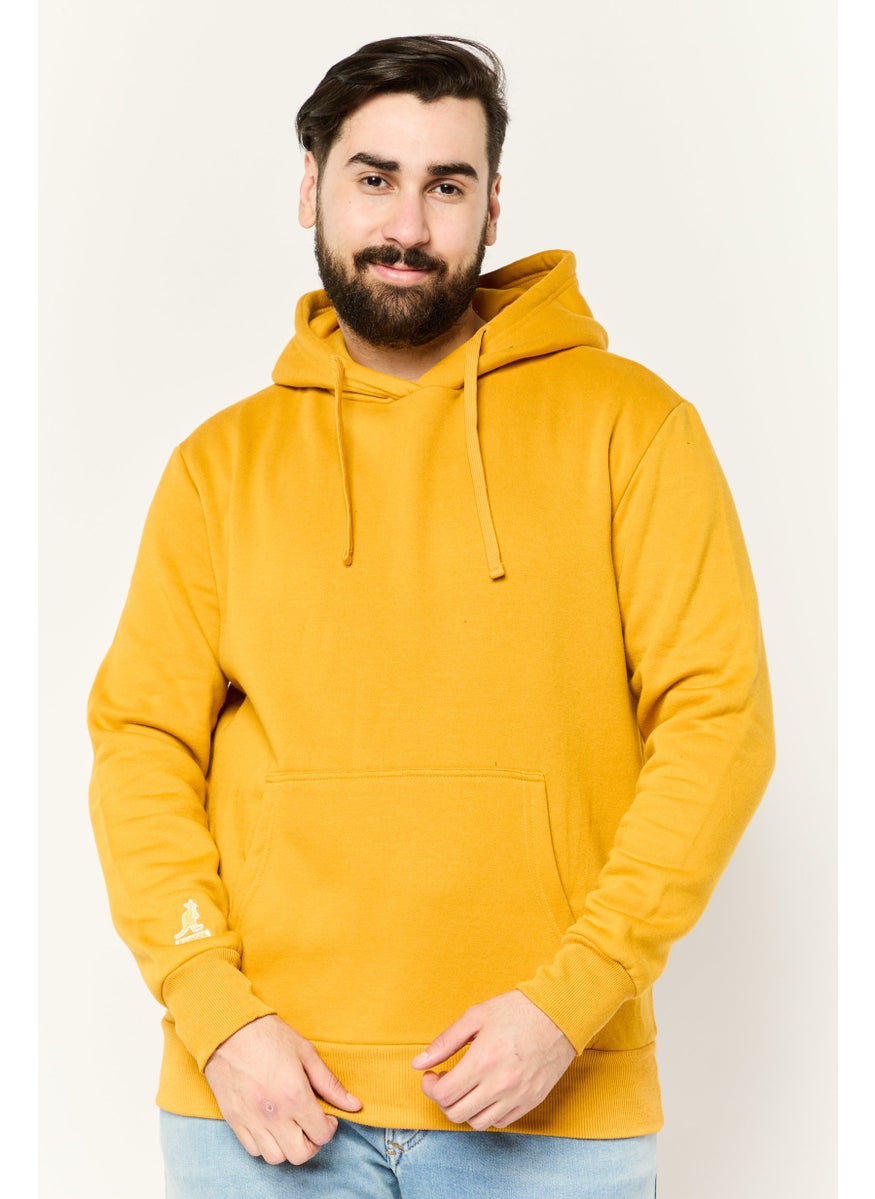 Men Hooded Embroidered Logo Long Sleeves Hoodie, Mustard