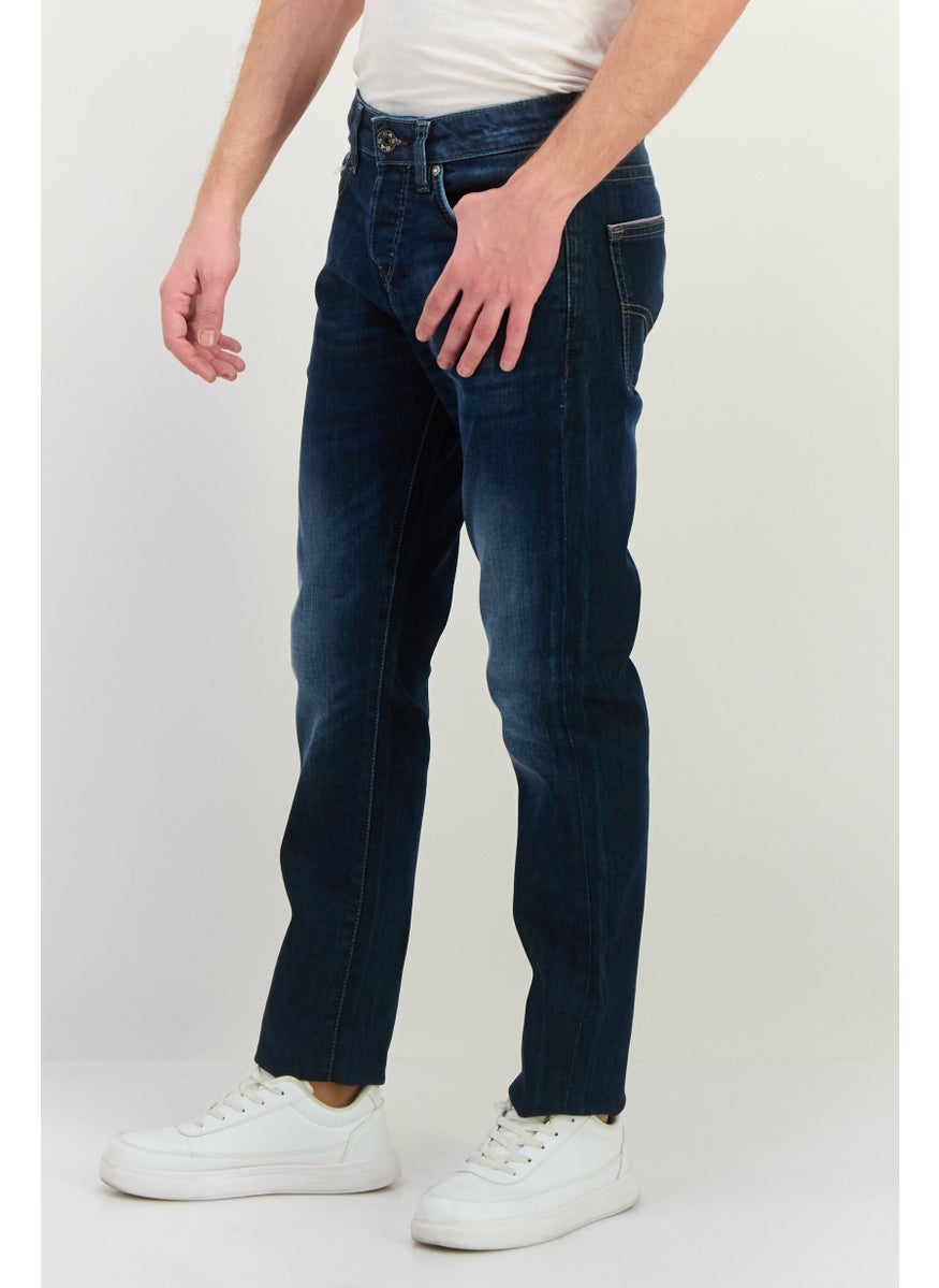 Men Carrot Fit Washed Denim Jeans, Blue