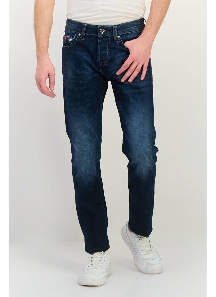 Men Carrot Fit Washed Denim Jeans, Blue