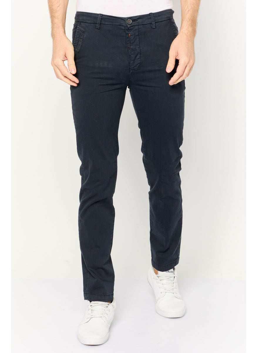 Men Slim Fit Solid Chino Pants, Navy Blue