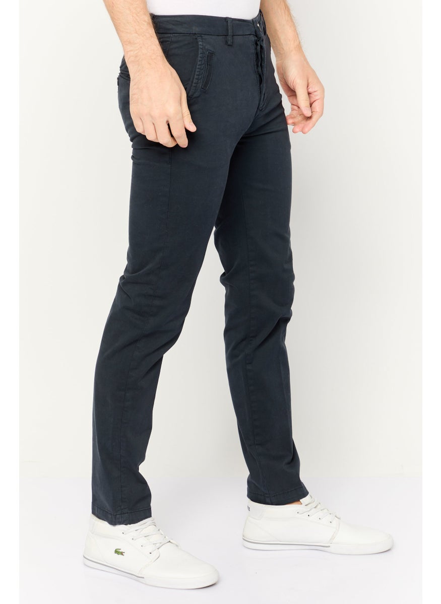 Men Slim Fit Solid Chino Pants, Navy Blue