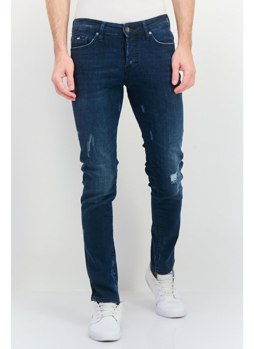 Men Carrot Fit Splatter Stretchable Jeans, Blue