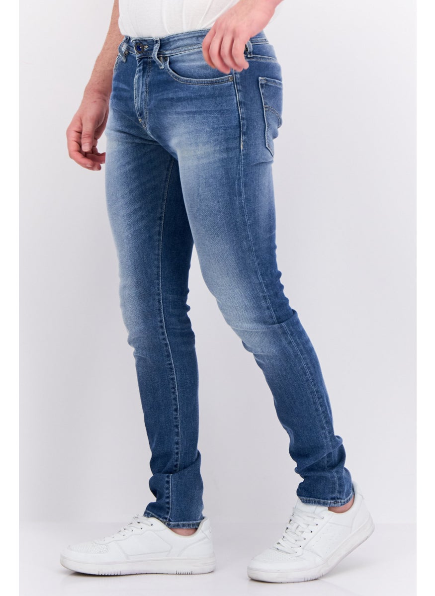 Men  Regular Fit Washed Stretchable Jeans, Denim Blue