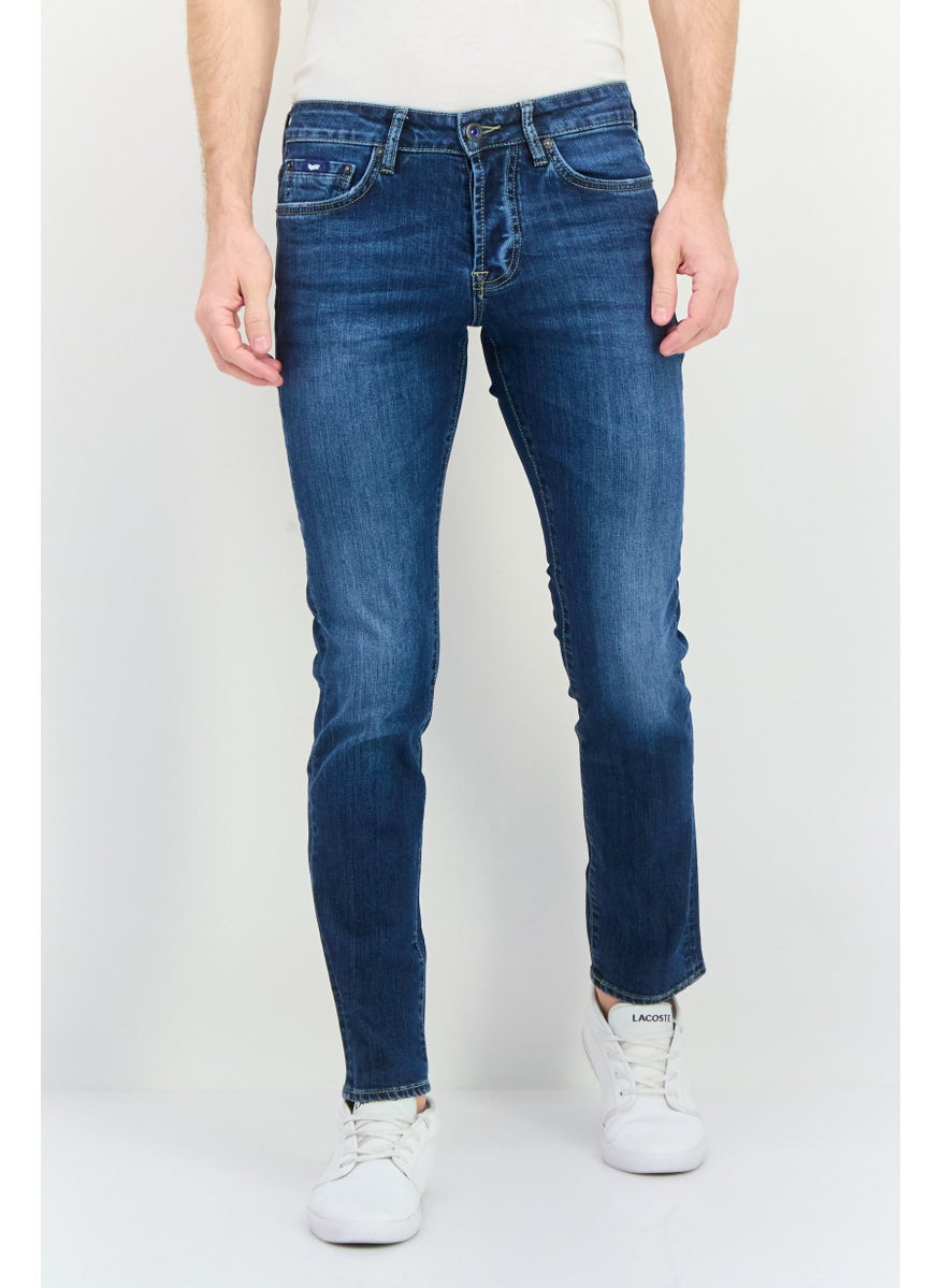 Men Carrot Fit Washed Stretchable Jeans, Blue Wash