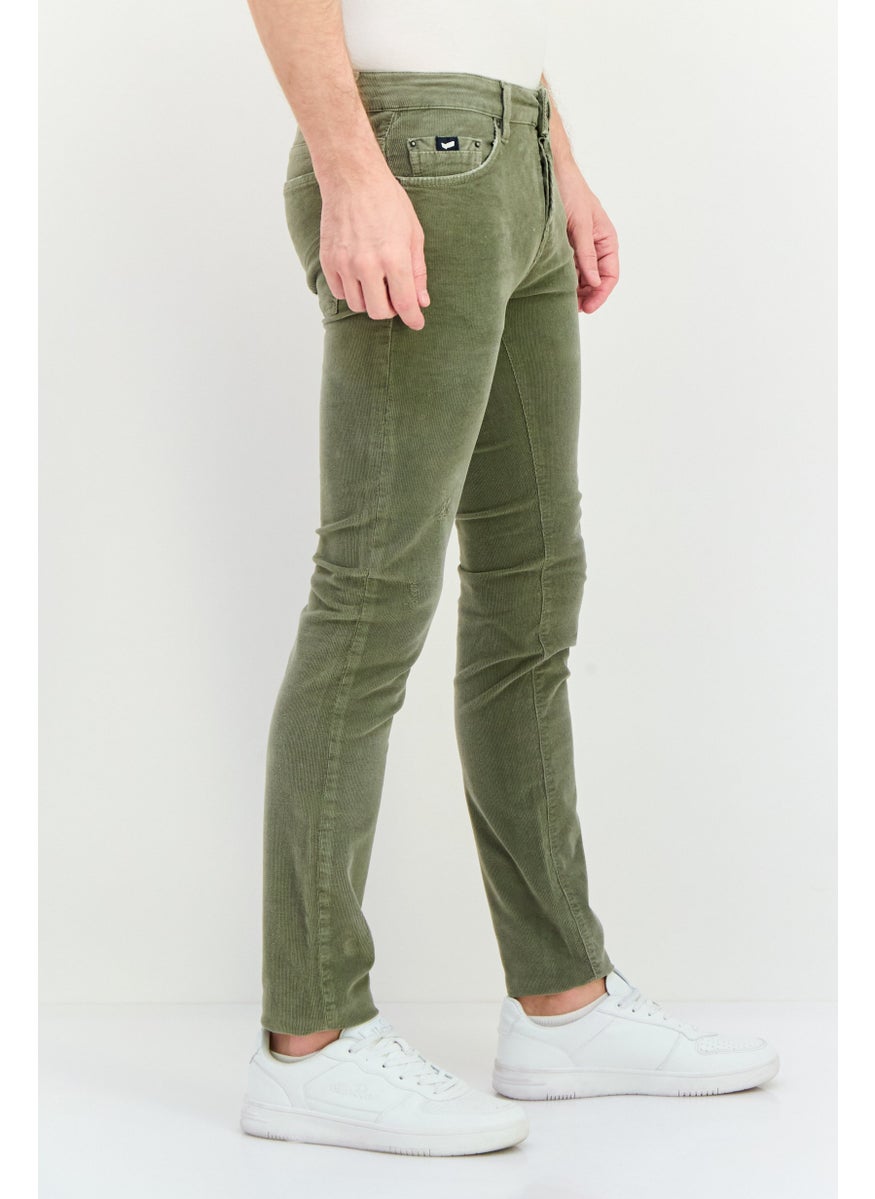 Men Slim Fit Textured Corduroy Pants, Washed Olive