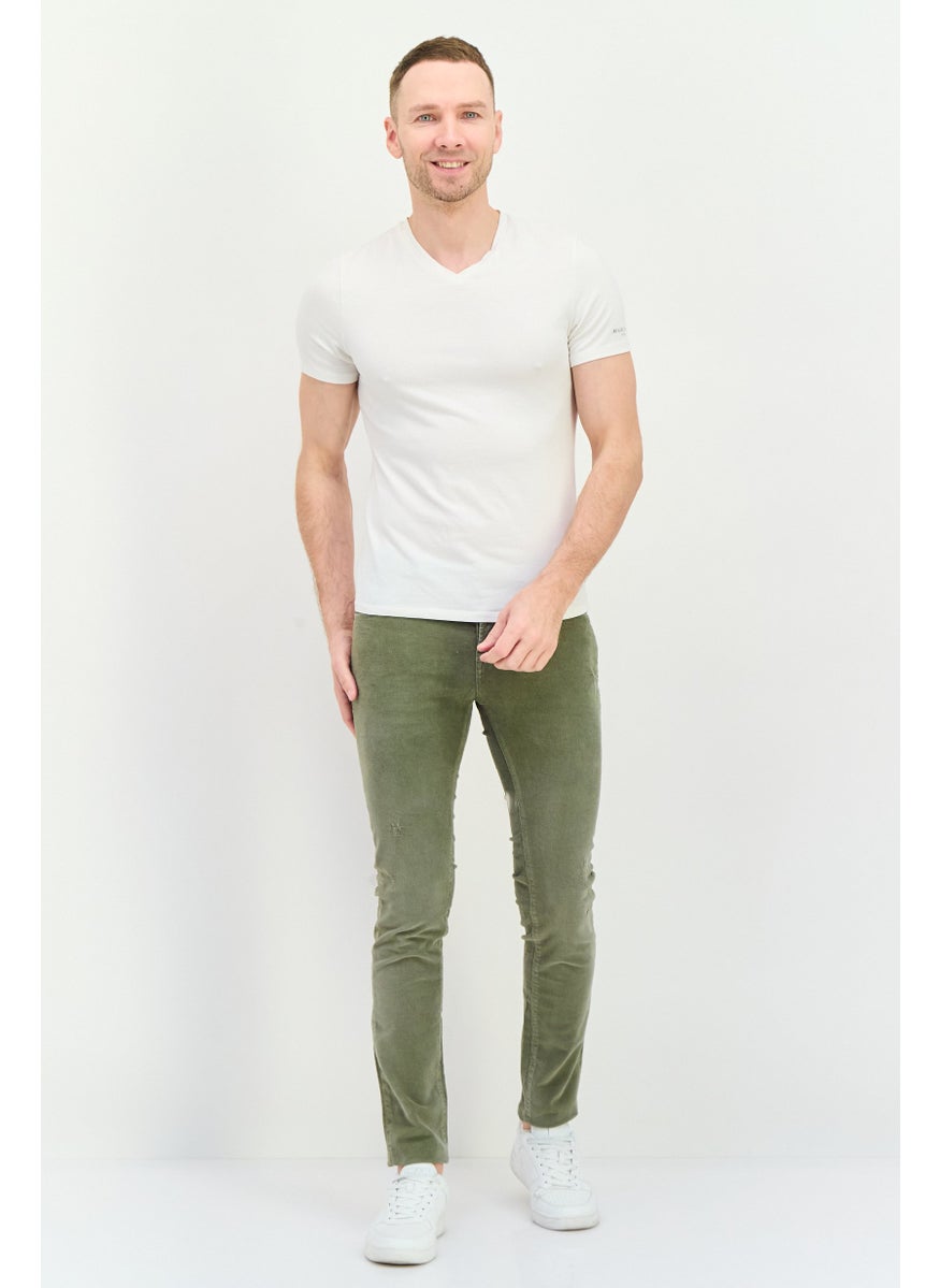 Men Slim Fit Textured Corduroy Pants, Washed Olive