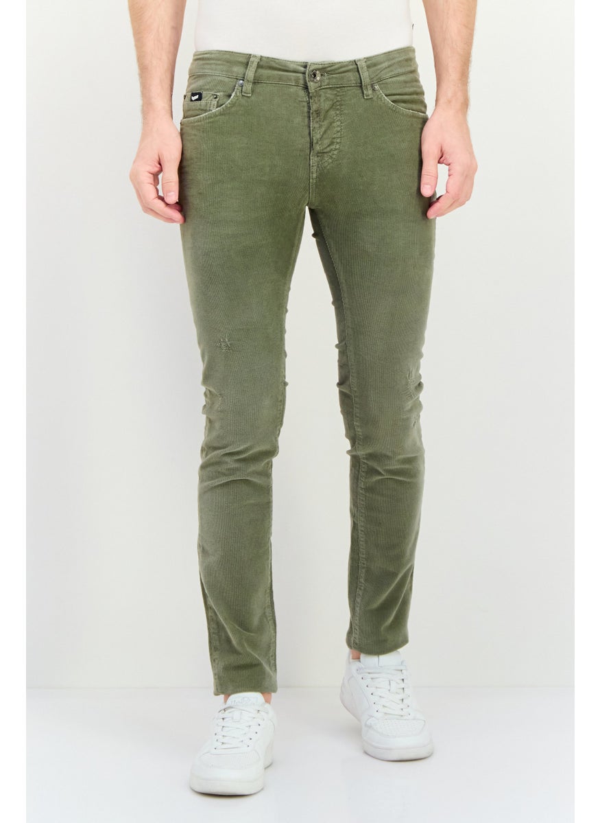 Men Slim Fit Textured Corduroy Pants, Washed Olive