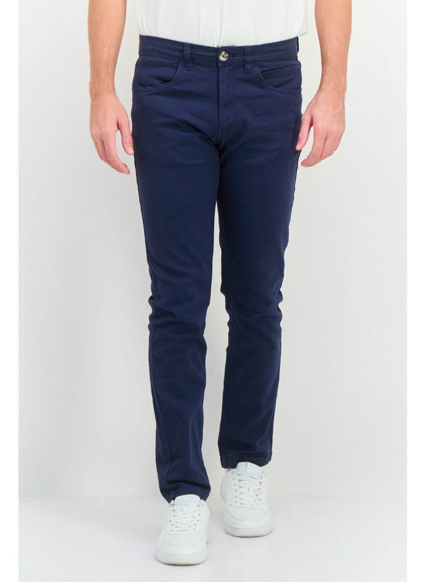 Men Regular Fit Solid Chino Pants, Navy Blue