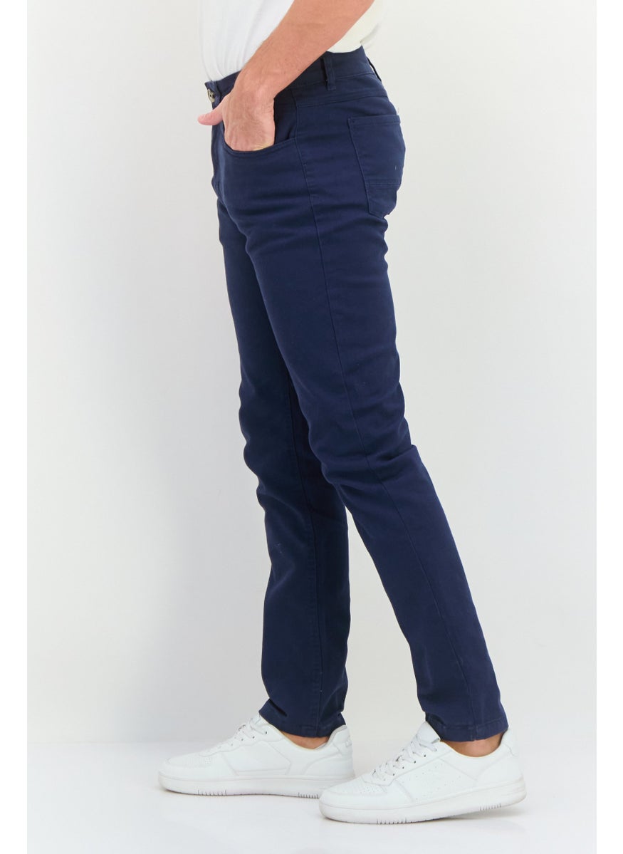 Men Regular Fit Solid Chino Pants, Navy Blue
