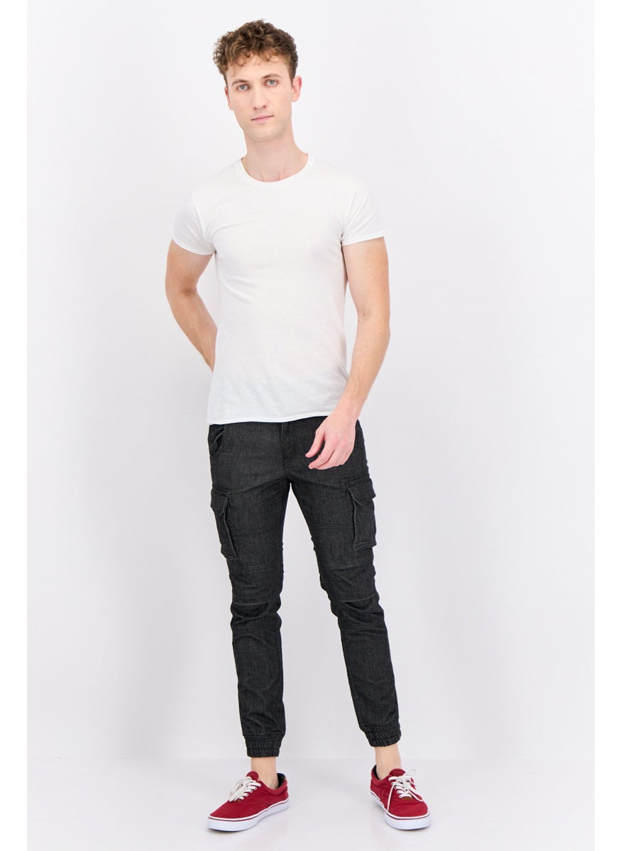 Men Regular Fit Solid Stretchable Cargo Pants, Black