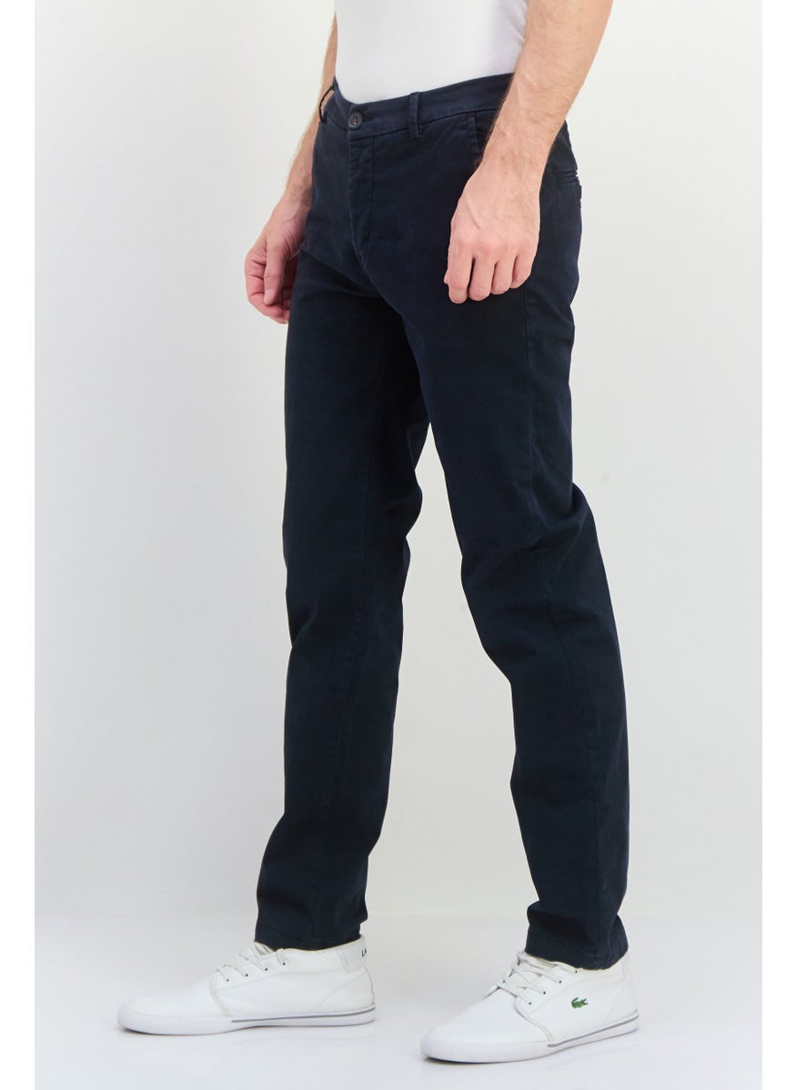 Men Checkered Button Fly Stretchable Slim Leg Pants, Navy Blue