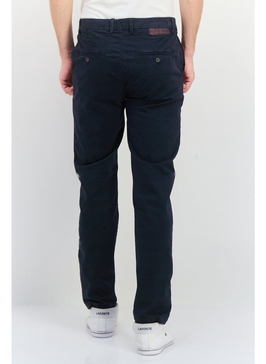 Men Checkered Button Fly Stretchable Slim Leg Pants, Navy Blue