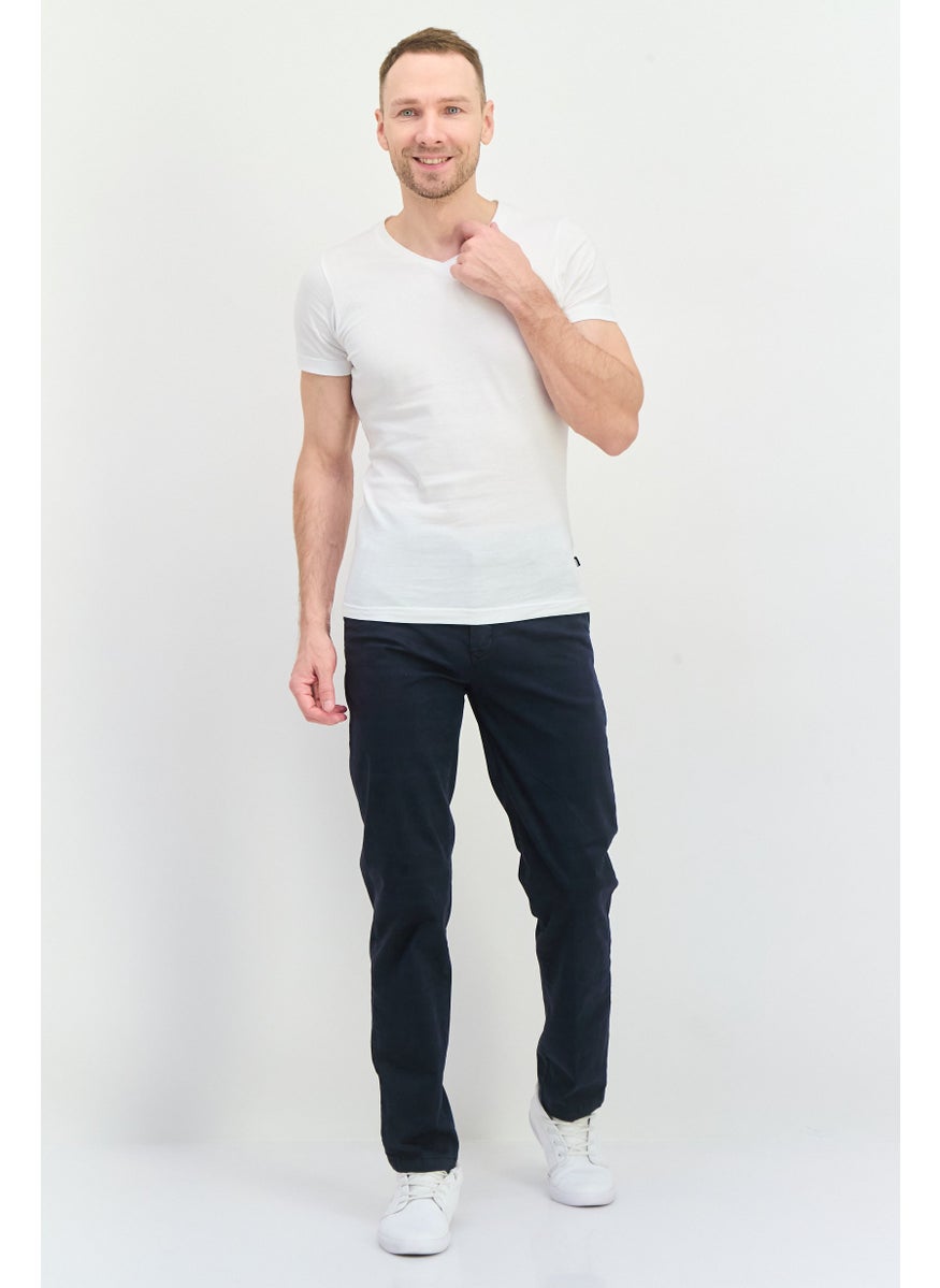 Men Checkered Button Fly Stretchable Slim Leg Pants, Navy Blue