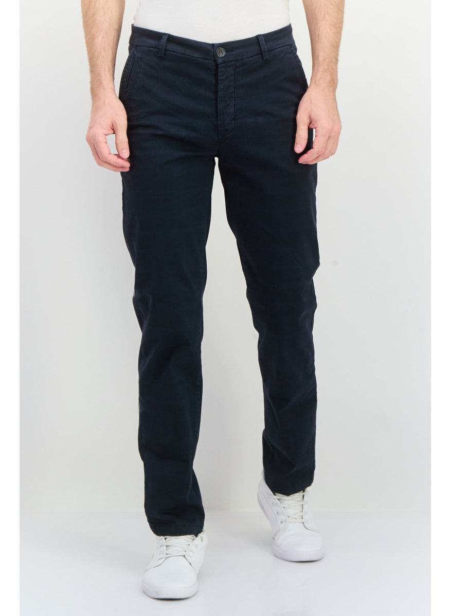 Men Checkered Button Fly Stretchable Slim Leg Pants, Navy Blue