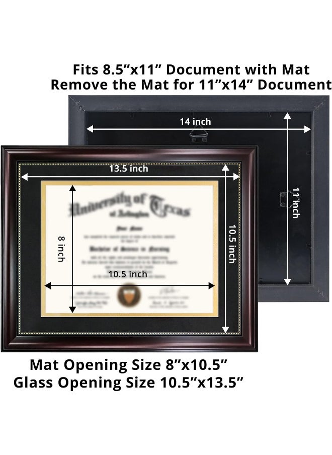 GraduationMall 8.5x11 Diploma Frame with Black over Gold Mat or Display 11x14 Document without Mat, UV Protection Acrylic, Mahogany with Gold Beads