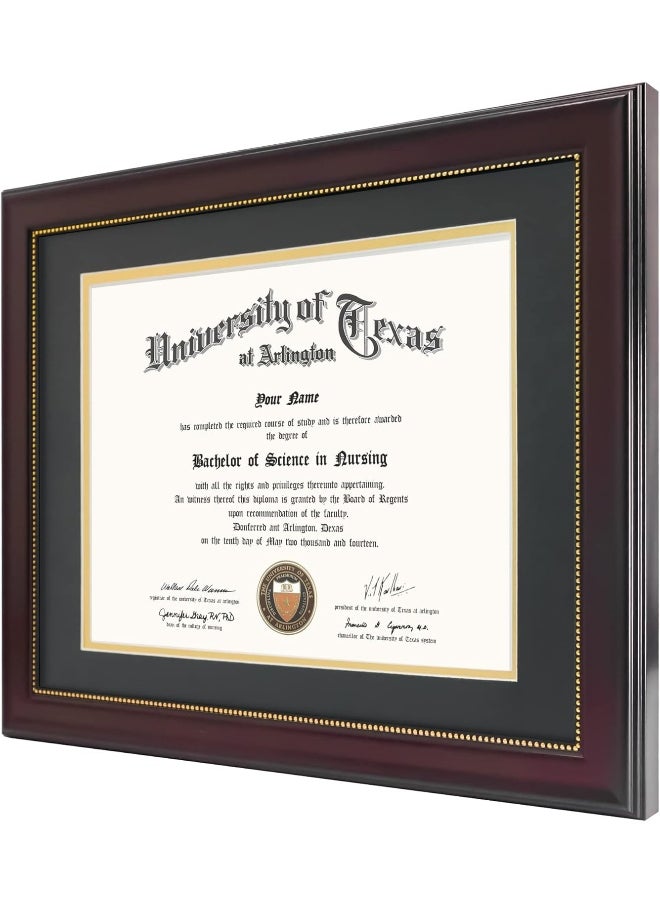 GraduationMall 8.5x11 Diploma Frame with Black over Gold Mat or Display 11x14 Document without Mat, UV Protection Acrylic, Mahogany with Gold Beads
