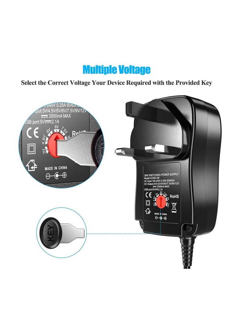 Universal 30W 3V 4.5V 5V 6V 7.5V 9V 12V AC/DC Adapter Switching Power Supply Charger PSU with 8 Selectable Adaptor Tips for 3V-12V Household Electronics and LED Strip - 2000mA Max