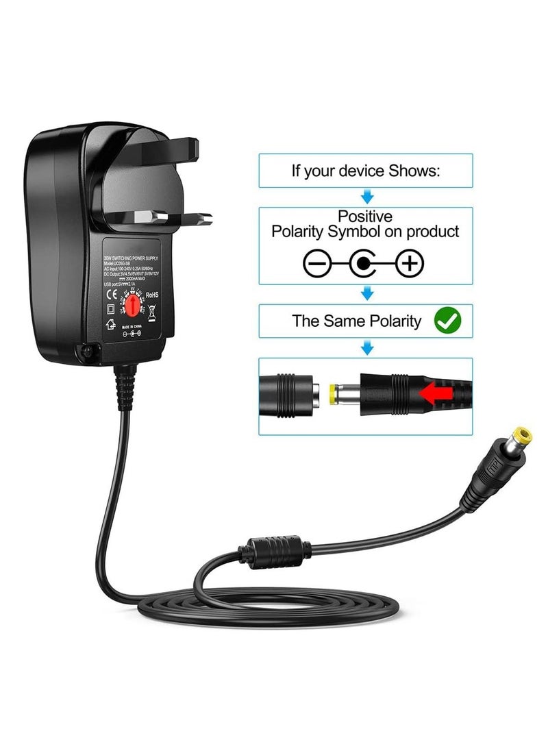 Universal 30W 3V 4.5V 5V 6V 7.5V 9V 12V AC/DC Adapter Switching Power Supply Charger PSU with 8 Selectable Adaptor Tips for 3V-12V Household Electronics and LED Strip - 2000mA Max