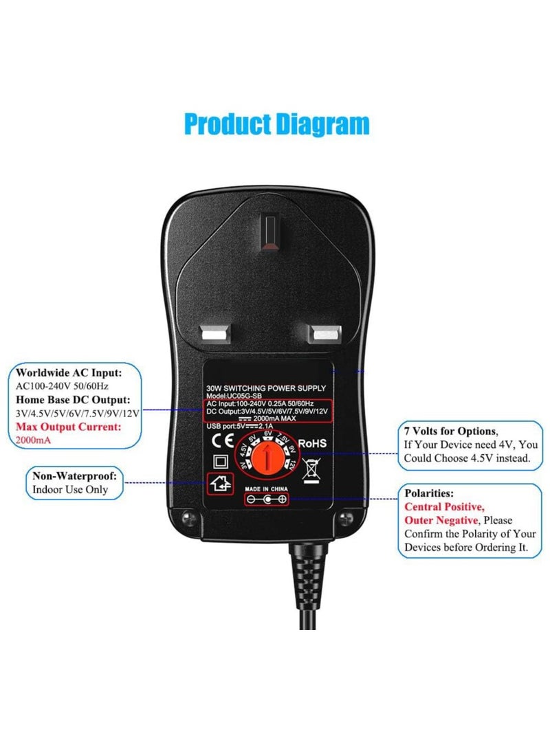 Universal 30W 3V 4.5V 5V 6V 7.5V 9V 12V AC/DC Adapter Switching Power Supply Charger PSU with 8 Selectable Adaptor Tips for 3V-12V Household Electronics and LED Strip - 2000mA Max