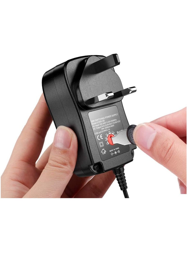 Universal 30W 3V 4.5V 5V 6V 7.5V 9V 12V AC/DC Adapter Switching Power Supply Charger PSU with 8 Selectable Adaptor Tips for 3V-12V Household Electronics and LED Strip - 2000mA Max