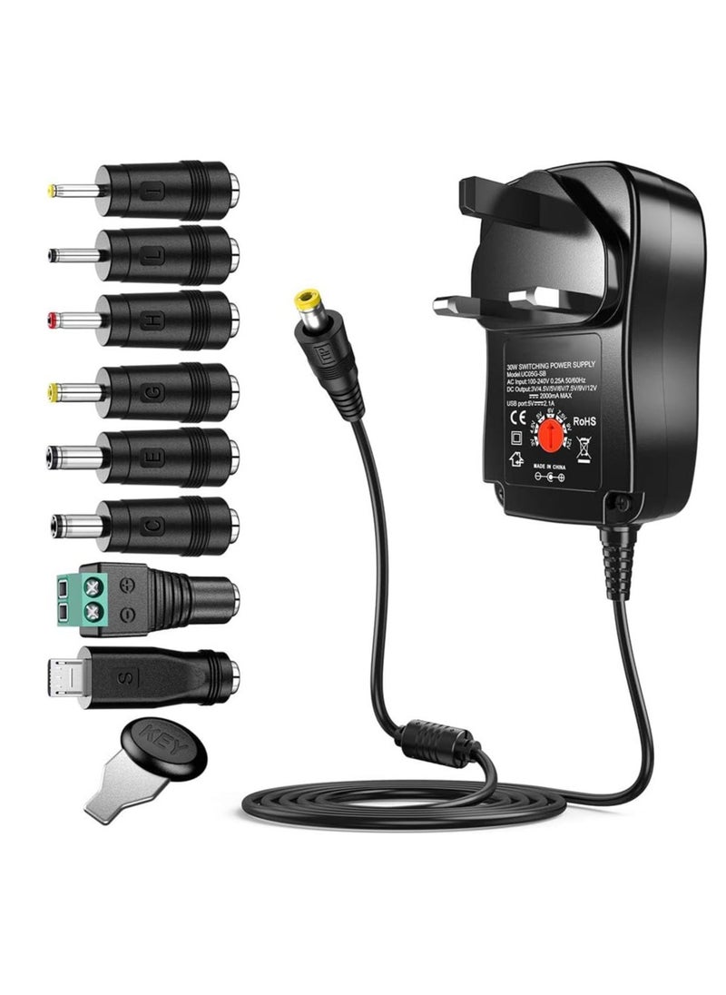 Universal 30W 3V 4.5V 5V 6V 7.5V 9V 12V AC/DC Adapter Switching Power Supply Charger PSU with 8 Selectable Adaptor Tips for 3V-12V Household Electronics and LED Strip - 2000mA Max