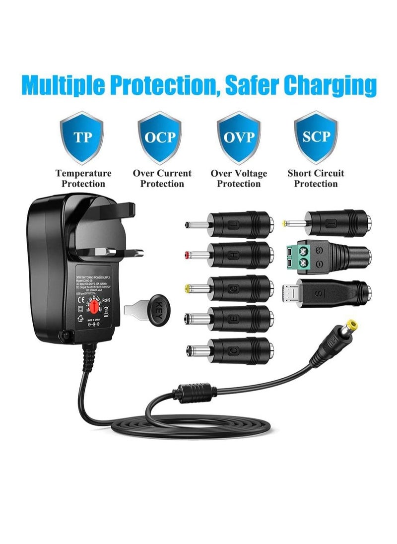 Universal 30W 3V 4.5V 5V 6V 7.5V 9V 12V AC/DC Adapter Switching Power Supply Charger PSU with 8 Selectable Adaptor Tips for 3V-12V Household Electronics and LED Strip - 2000mA Max
