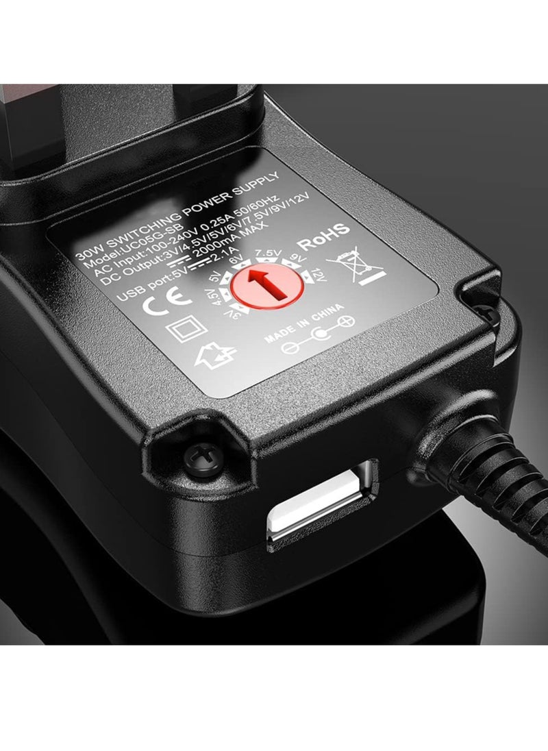 Universal 30W 3V 4.5V 5V 6V 7.5V 9V 12V AC/DC Adapter Switching Power Supply Charger PSU with 8 Selectable Adaptor Tips for 3V-12V Household Electronics and LED Strip - 2000mA Max