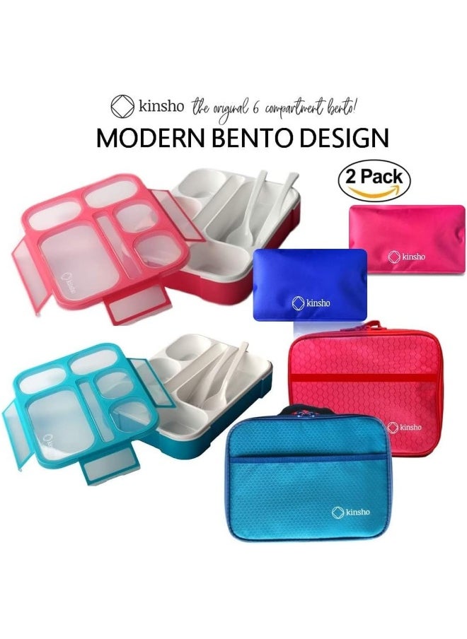 kinsho Bento-Box with Insulated Lunch Bag Set. 2 Lunch-Boxes for Kids, Adults. Slim Leak-proof Bentoboxes. BPA Free. Fork & Spoon Utensils. Blue & Pink, Large