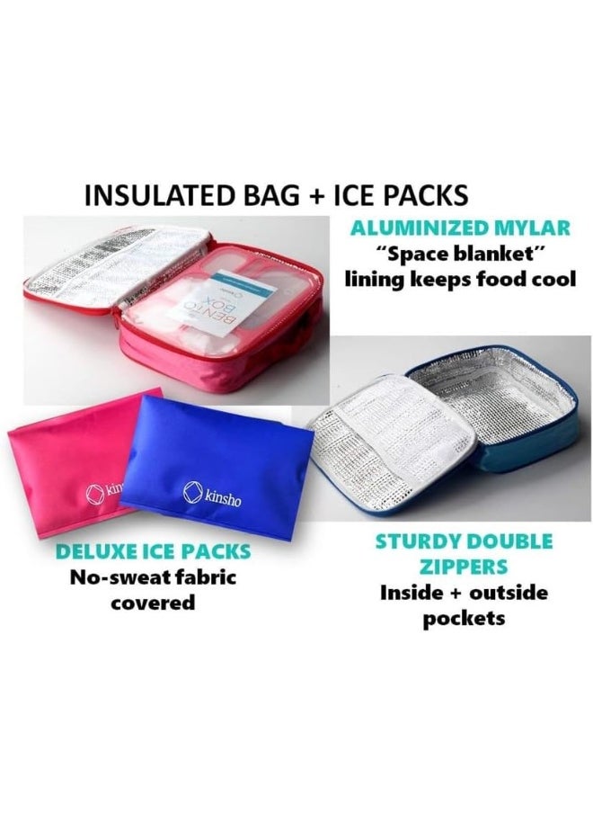 kinsho Bento-Box with Insulated Lunch Bag Set. 2 Lunch-Boxes for Kids, Adults. Slim Leak-proof Bentoboxes. BPA Free. Fork & Spoon Utensils. Blue & Pink, Large