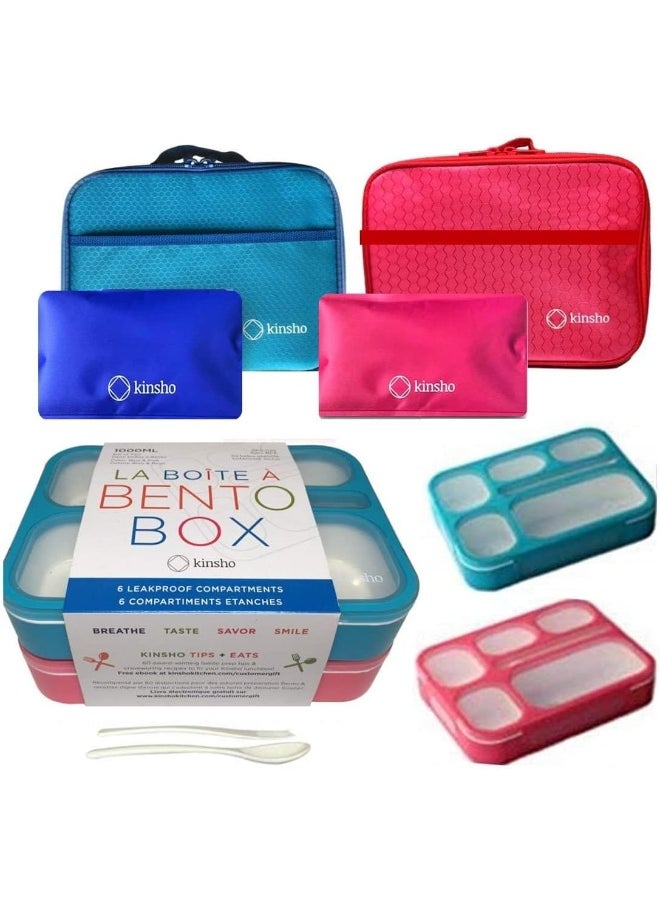 kinsho Bento-Box with Insulated Lunch Bag Set. 2 Lunch-Boxes for Kids, Adults. Slim Leak-proof Bentoboxes. BPA Free. Fork & Spoon Utensils. Blue & Pink, Large