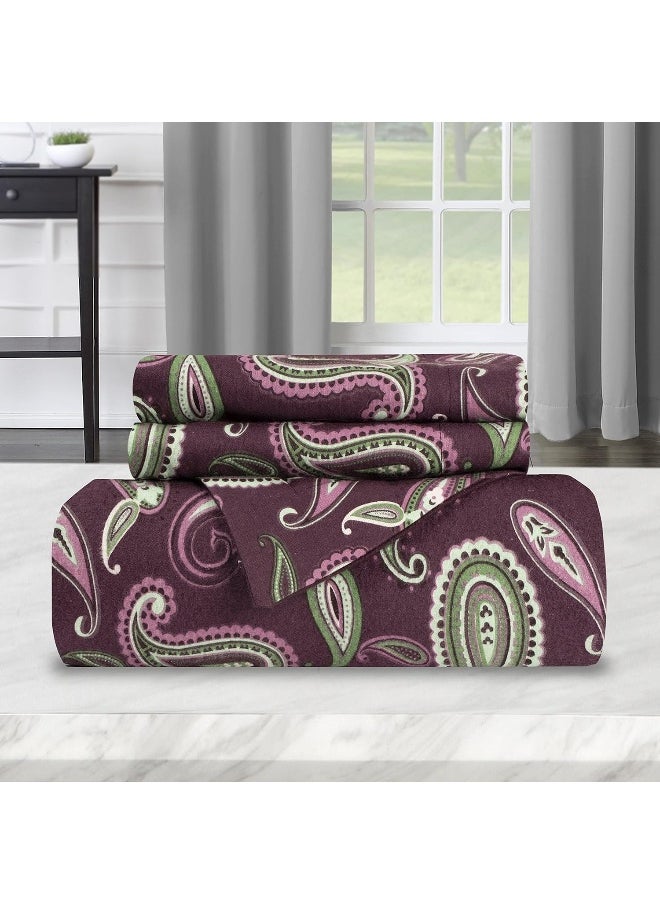 Superior Premium Cotton Flannel Duvet Cover Set, All Season 100% Brushed Cotton Flannel Bedding, 2-Piece Set with Duvet Cover and Pillow Sham - Purple Paisley, Twin