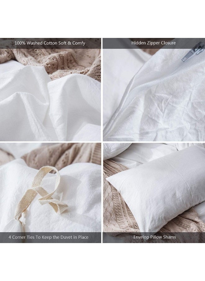 MooMee Bedding Duvet Cover Set 100% Washed Cotton Linen Like Textured Breathable Durable Soft Comfy (Off White, King)