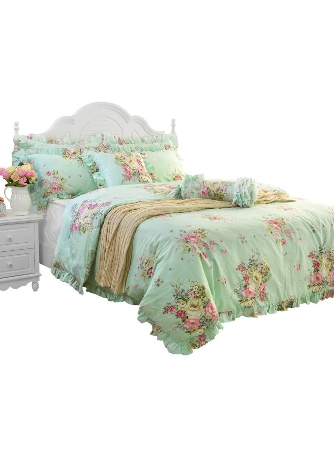 FADFAY Green Floral Duvet Cover Sets Vintage Flower Printed Bedding Ultra Soft 100% Cotton Designer Bedding Set 3 Pieces, 1 Duvet Cover & 2 Pillowcases (Queen Size, Ruffle Style)