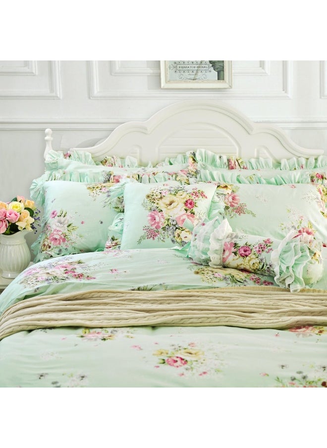 FADFAY Green Floral Duvet Cover Sets Vintage Flower Printed Bedding Ultra Soft 100% Cotton Designer Bedding Set 3 Pieces, 1 Duvet Cover & 2 Pillowcases (Queen Size, Ruffle Style)