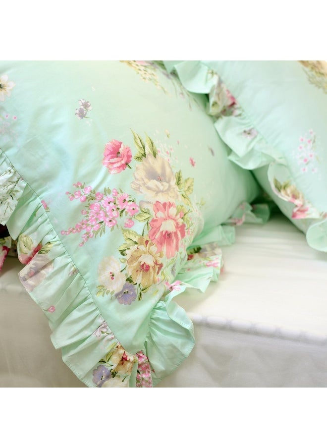 FADFAY Green Floral Duvet Cover Sets Vintage Flower Printed Bedding Ultra Soft 100% Cotton Designer Bedding Set 3 Pieces, 1 Duvet Cover & 2 Pillowcases (Queen Size, Ruffle Style)