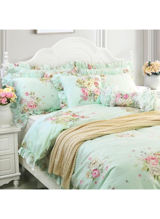 FADFAY Green Floral Duvet Cover Sets Vintage Flower Printed Bedding Ultra Soft 100% Cotton Designer Bedding Set 3 Pieces, 1 Duvet Cover & 2 Pillowcases (Queen Size, Ruffle Style)