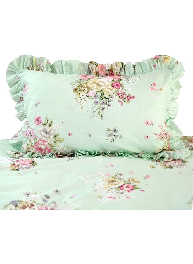 FADFAY Green Floral Duvet Cover Sets Vintage Flower Printed Bedding Ultra Soft 100% Cotton Designer Bedding Set 3 Pieces, 1 Duvet Cover & 2 Pillowcases (Queen Size, Ruffle Style)