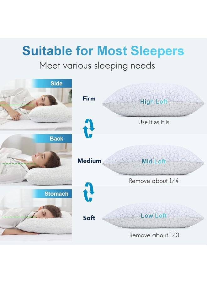 Qutool Cooling Bed Soft Pillows for Sleeping - Adjustable Gel Shredded Memory Foam Pillow - Hypoallergenic Bamboo Pillows for Side Back Sleepers + Washable Removable Cover Queen Size Queen White