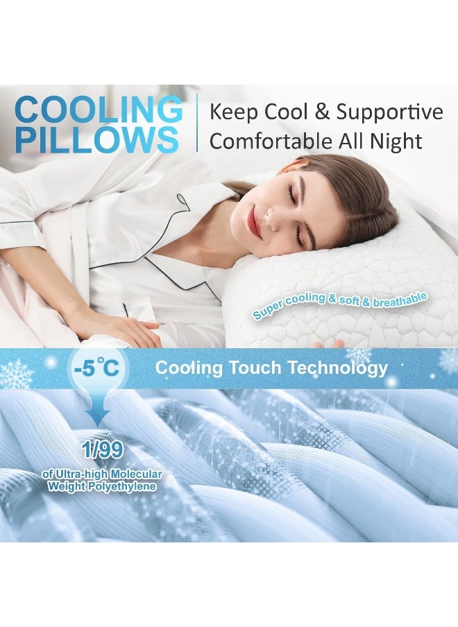 Qutool Cooling Bed Soft Pillows for Sleeping - Adjustable Gel Shredded Memory Foam Pillow - Hypoallergenic Bamboo Pillows for Side Back Sleepers + Washable Removable Cover Queen Size Queen White