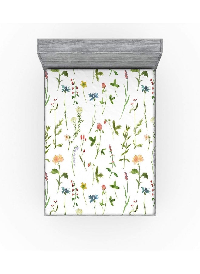 Ambesonne Floral Fitted Sheet, Spring Season Themed Watercolors Painting of Herbs Flowers Botany Garden Art, Bed Cover with All-Round Elastic Deep Pocket for Comfort, Queen Size, Yellow Green