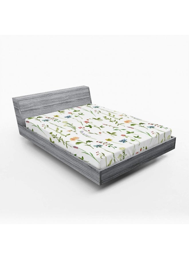 Ambesonne Floral Fitted Sheet, Spring Season Themed Watercolors Painting of Herbs Flowers Botany Garden Art, Bed Cover with All-Round Elastic Deep Pocket for Comfort, Queen Size, Yellow Green
