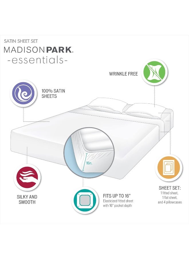 Madison Park Essentials Satin Sheets Queen Size, Luxurious Silky Satin Bed Sheets, Elastic 14