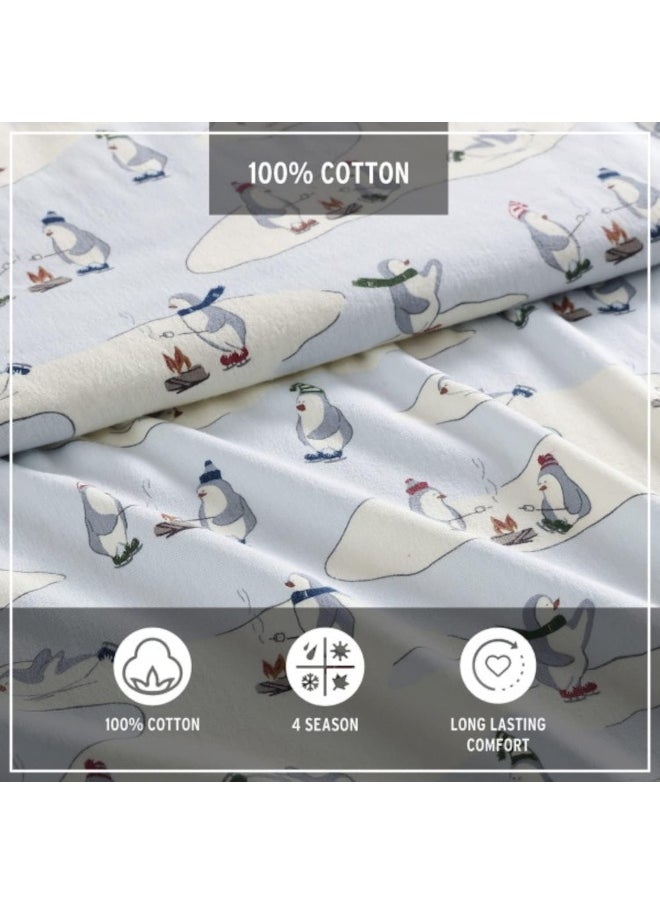 Eddie Bauer - Full Sheets, Cotton Flannel Bedding Set, Brushed for Extra Softness, Cozy Home Decor (Skating Penguin, 4 pcs, Full)