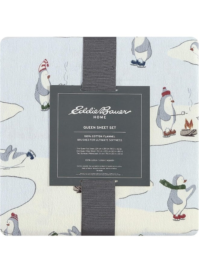 Eddie Bauer - Full Sheets, Cotton Flannel Bedding Set, Brushed for Extra Softness, Cozy Home Decor (Skating Penguin, 4 pcs, Full)