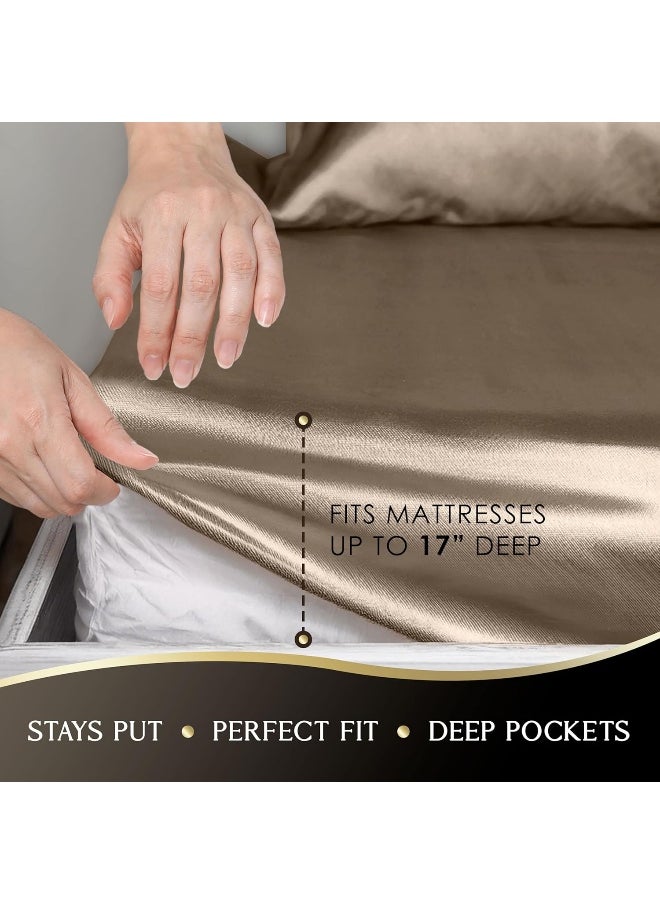 Martex Satin Silk 4 Piece King Bed Sheet Set - King Sheet Set - 1 Fitted Sheet, 1 Flat Sheet, 2 Pillow case - Hotel Quality - Super Soft & Breathable - Gold Sheet Set For Hair And Skin (King, Gold)